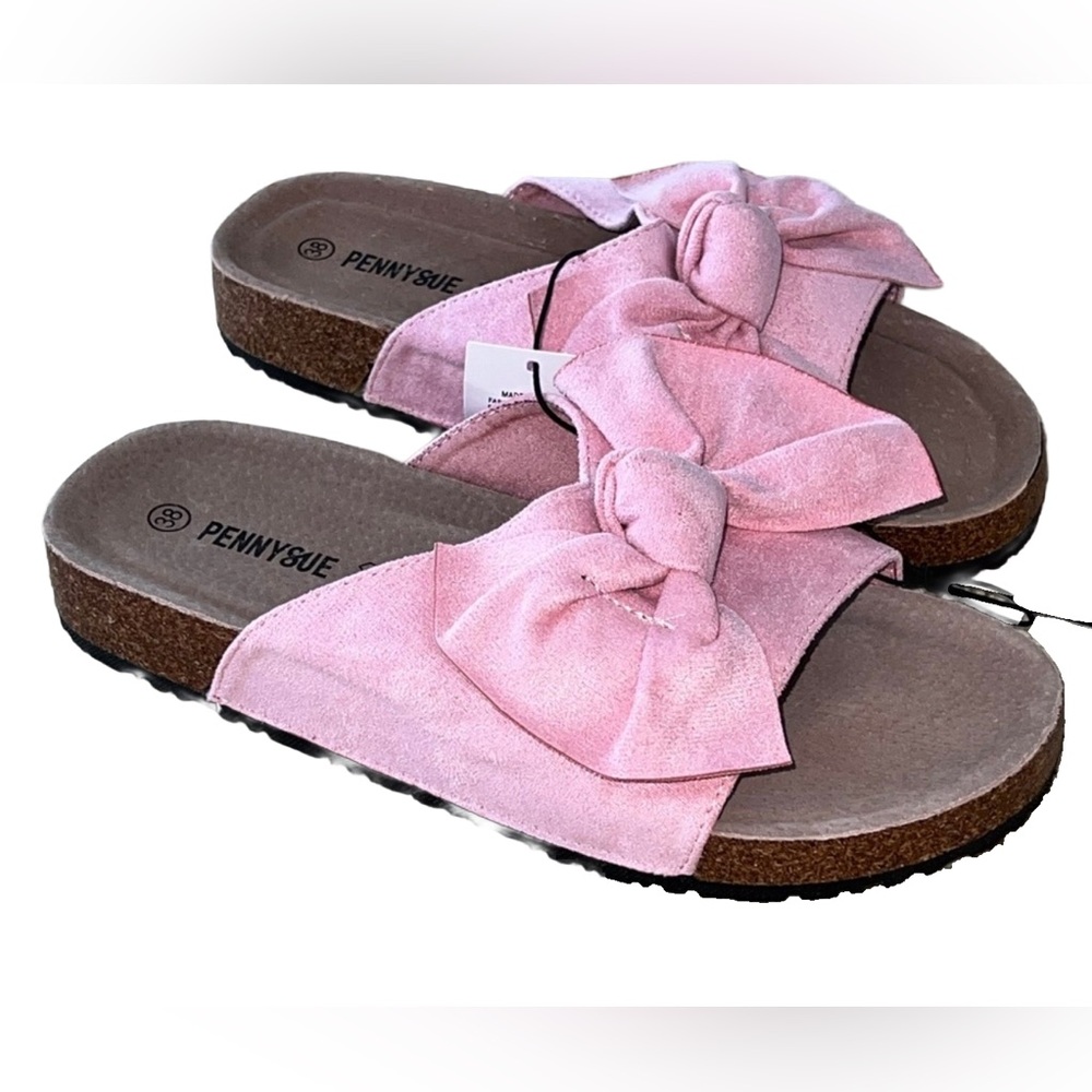 NWT Penny Sue Women's Slip On Sandals Pink W Bows 🎀 Size 38 / 7-7.5 NWT